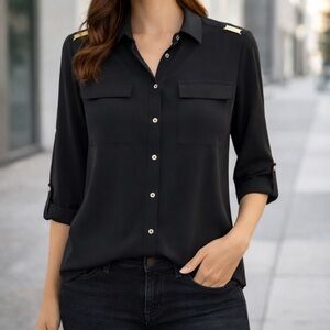 Grace The Perfect Fit Black Button Front Blouse Gold Shoulder Detail M NWT